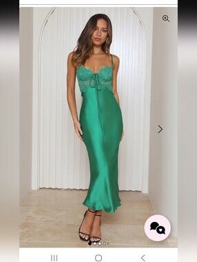 Hello Molly Emerald Green Lace-Trim Satin  Dress Sultry Style Satin Midi Dress